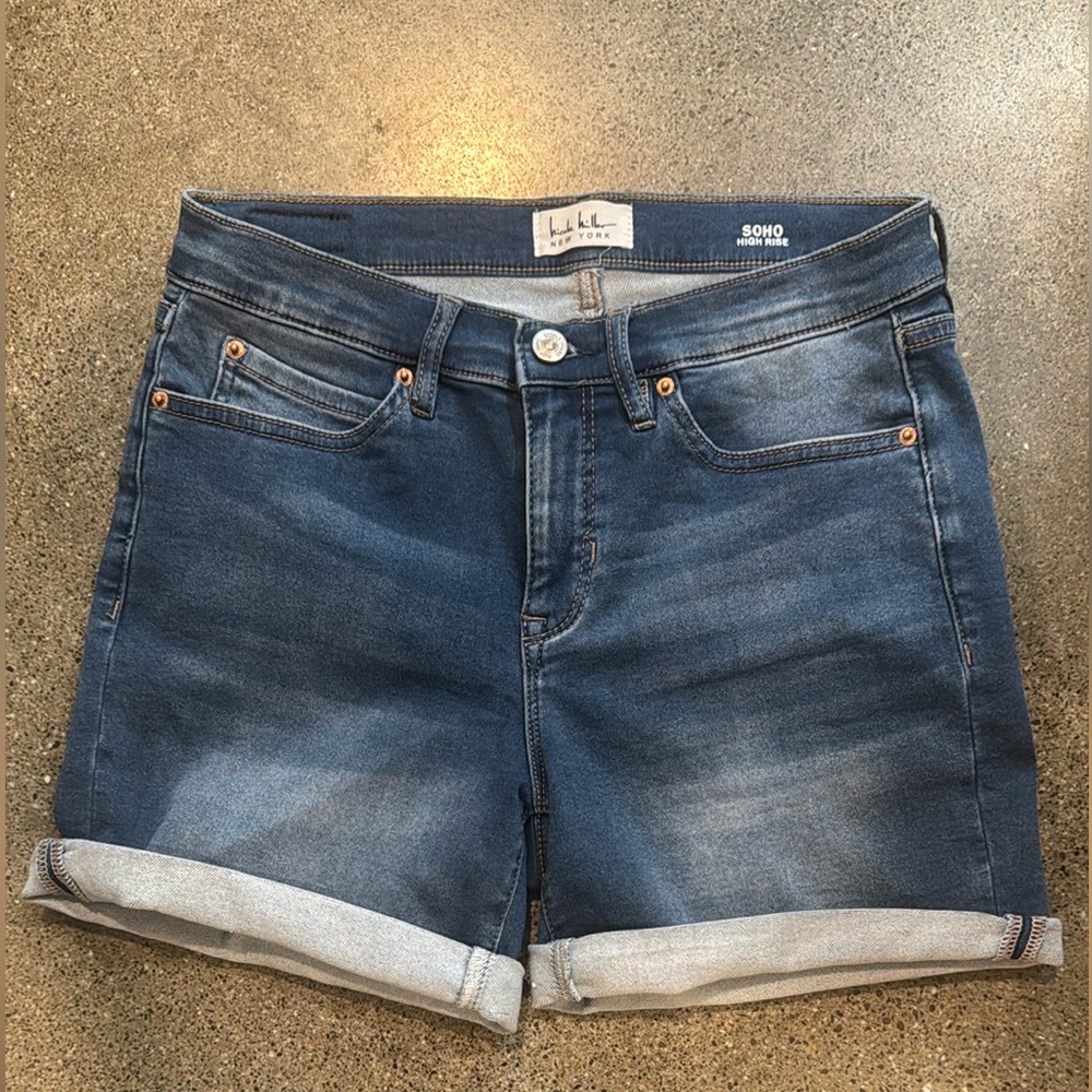 Nicole Miller Blue Jean Shorts with Cuffed Hem, Faded Look, and Stretch 26-27